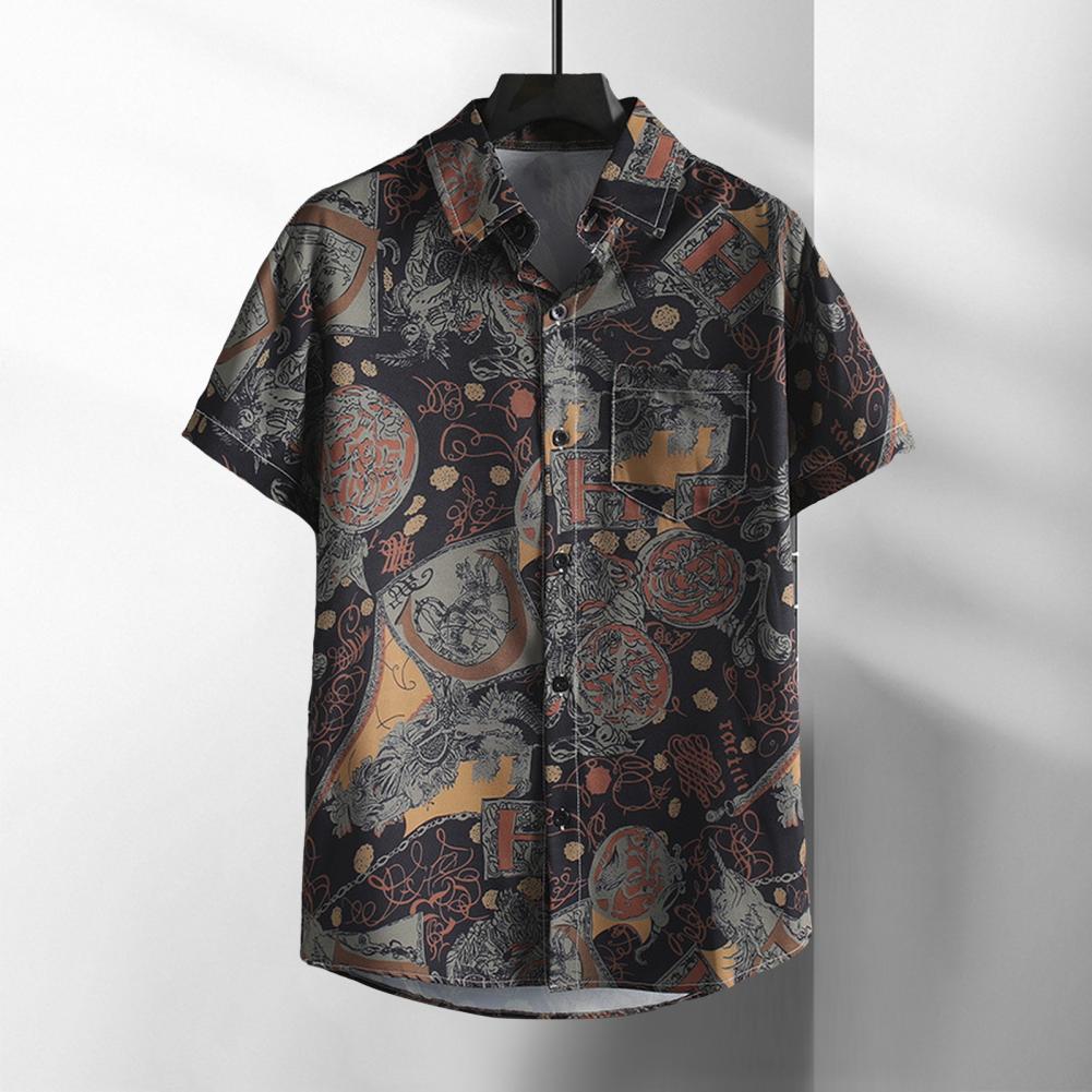 Summer Men Blouse Floral Print Short Sleeves Tropical Style Hawaii Comfortable Fit Plus Size Single-breasted Turn-down Collar Quick Dry Mid