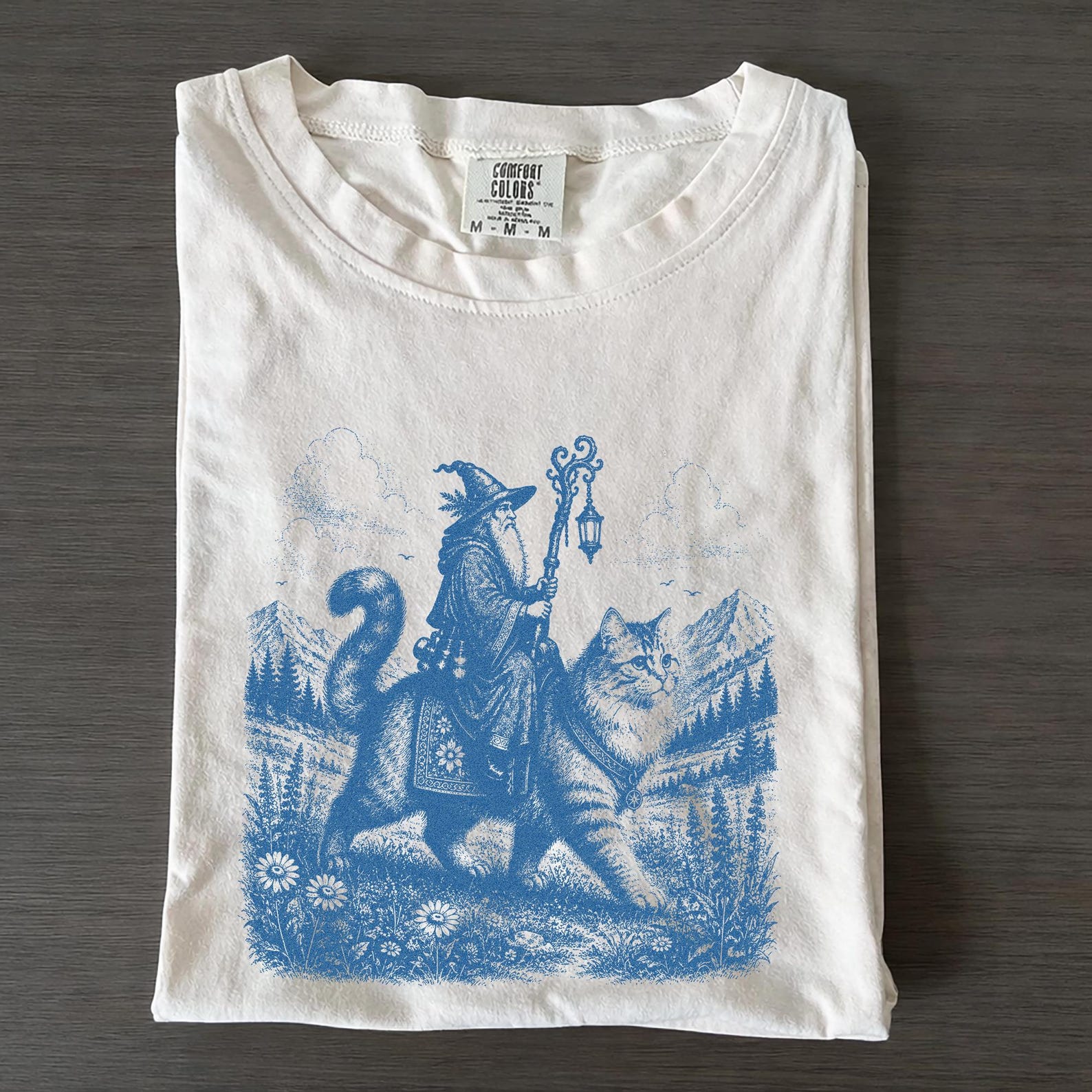 Wizard Cat Rider Vintage T-Shirt, Retro Fantasy Graphic Tee, Medieval Sorcerer Shirt, Fairycore Wizard Cat Apparel L