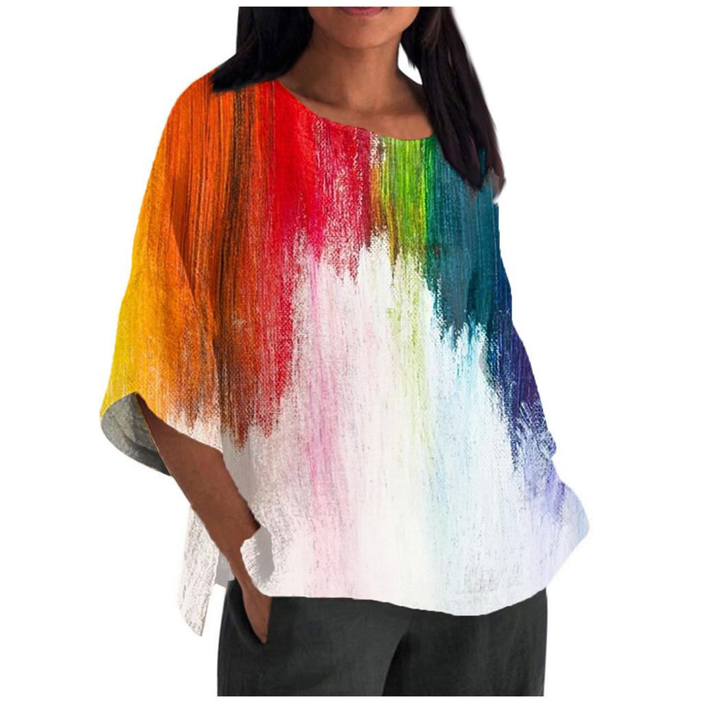Women's Fashion Half Sleeve Round Neck Printed Loose Casual Blouse Top