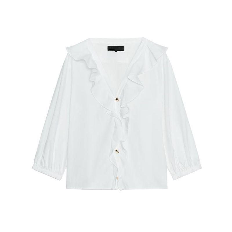 

Fall Women s Clothing Minimalist Style Gold Plated Button Decoration V Neck Long Sleeves Laminated Decoration Poplin Shirt 2298154 White L