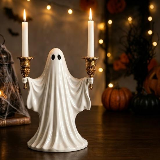 Cute Ghost Figurine Candle Holder for Halloween, Resin Tealight Candlestick, Taper Halloween Decoration Home Table Decor & Spooky Atmosphere Accessory