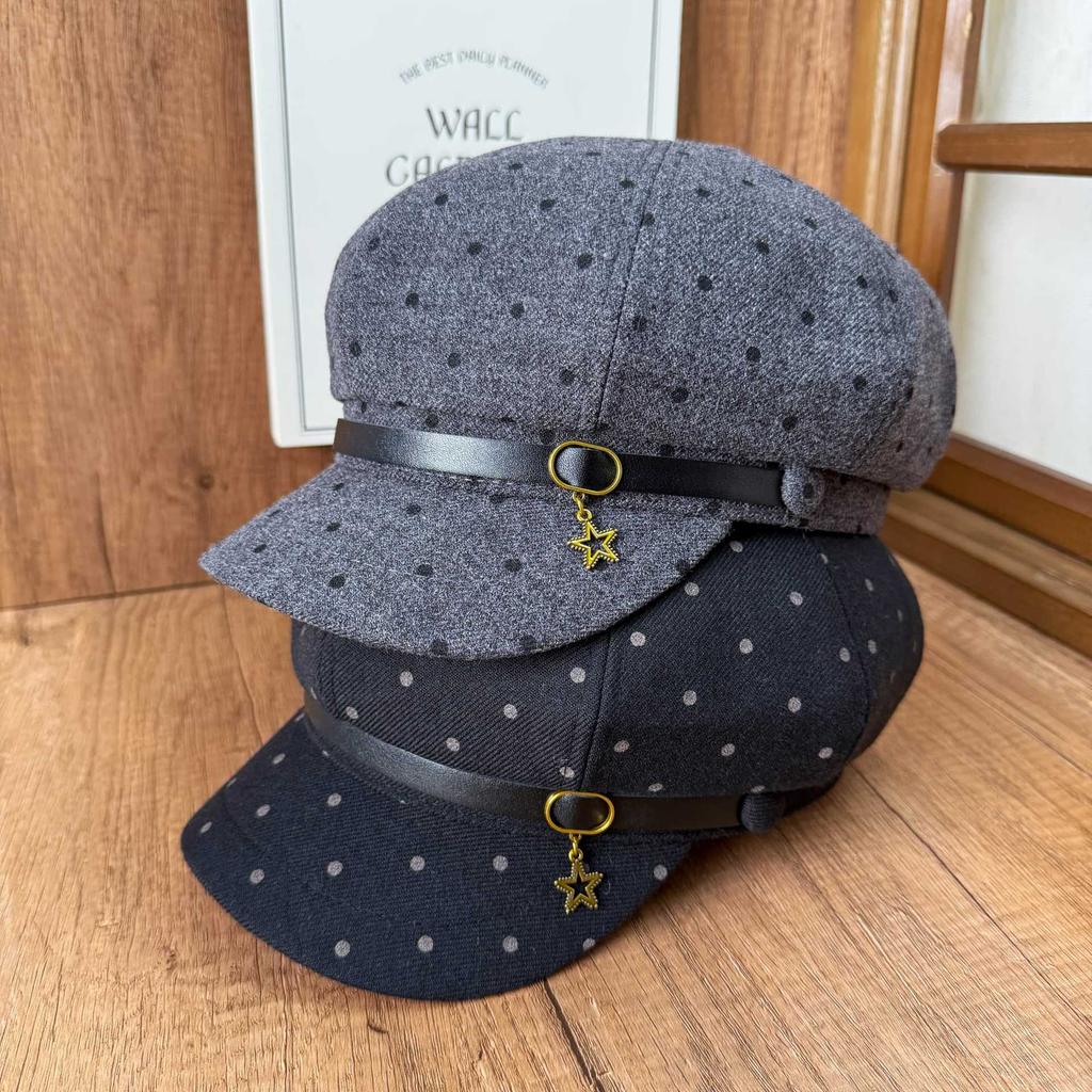 Polka dot octagonal hat, newsboy hat, female star pendant, beret cap, autumn and winter shopping to modify the face shape, temperament hat