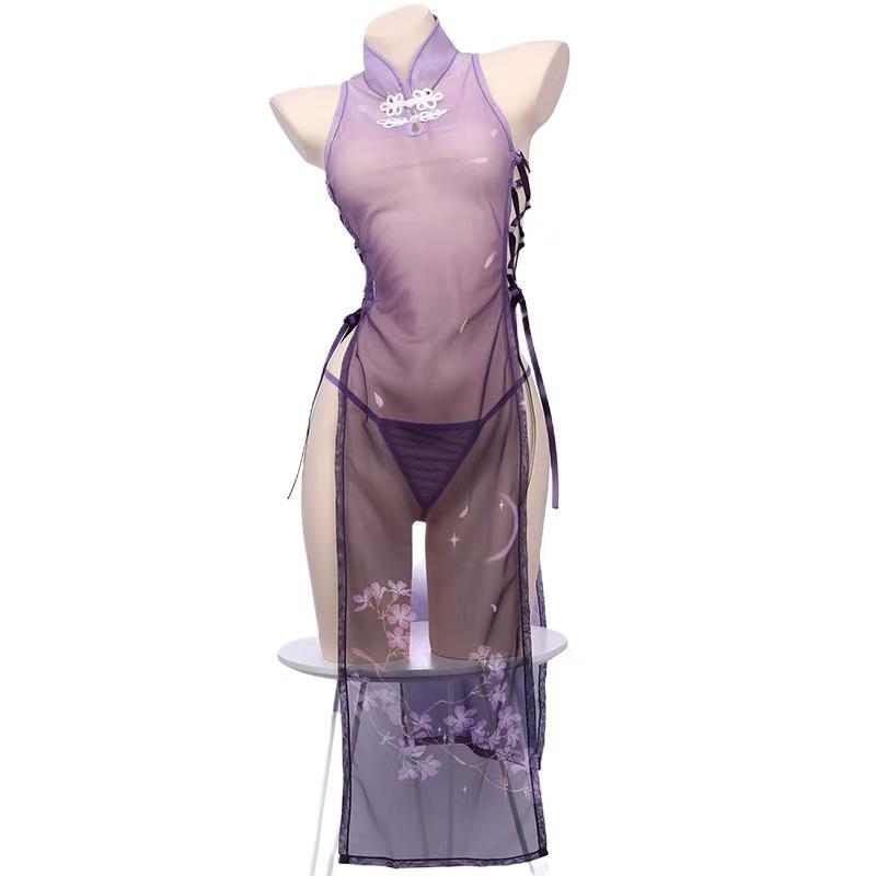 Sex underwear cheongsam babes slit straps transparent mesh passion seduction printing free cosplay purple