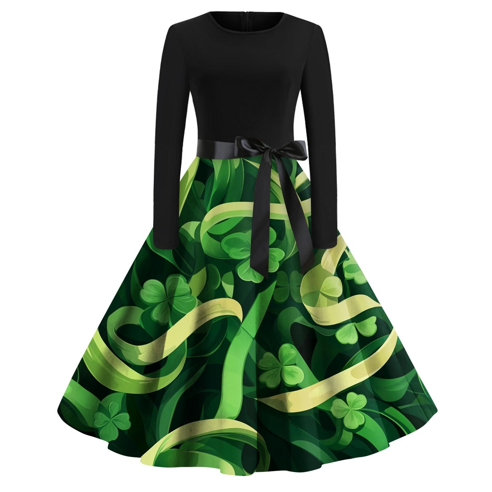 

Женская мода с круглым вырезом, повседневная, облегающая, St. Платье с длинными рукавами и принтом Патрика L армия зеленый