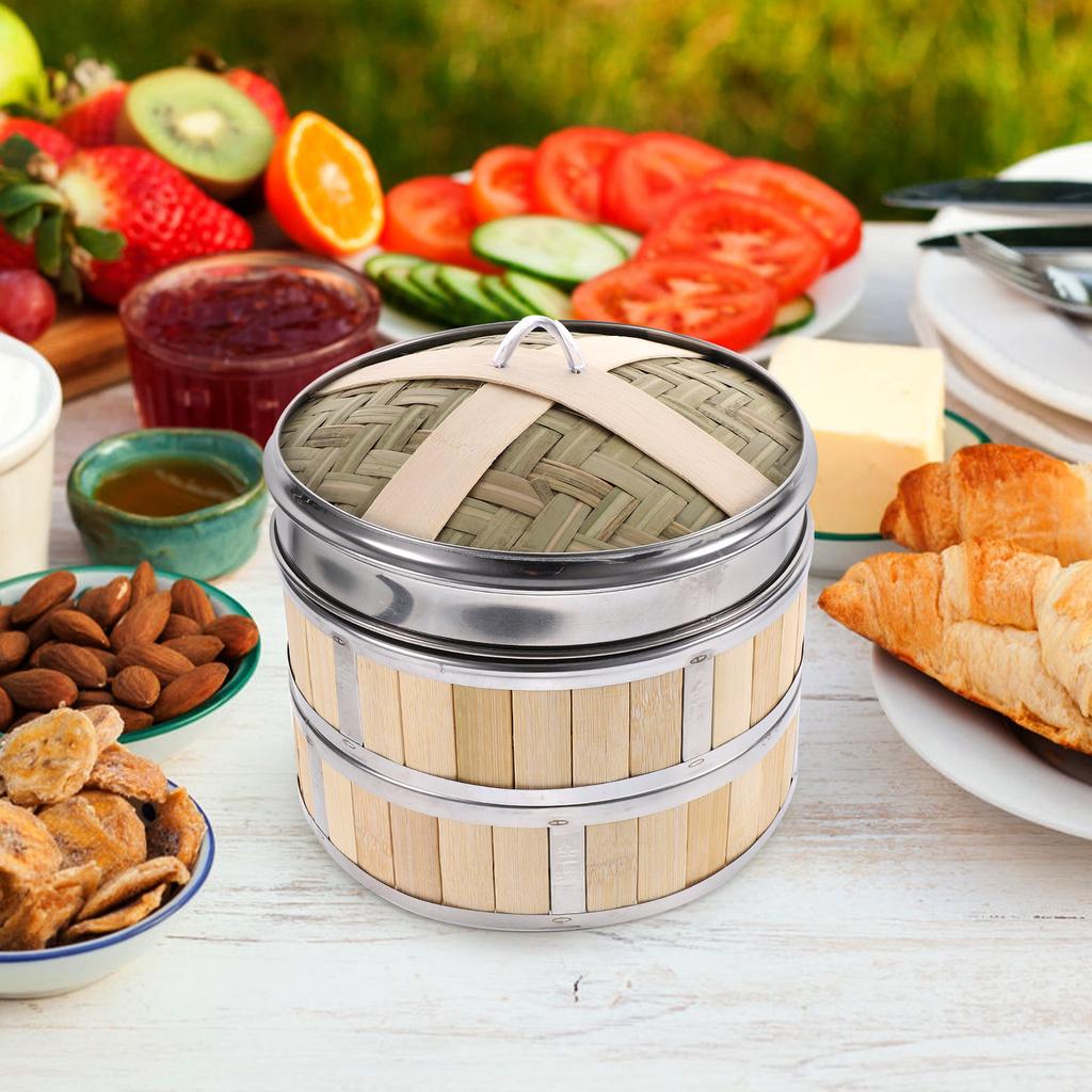 1Set Bamboo Steamer Basket 10 Inch Multi-Layer Food Steamer for Dumplings Buns Dim Sum Rice Vegetables Eggs Corn Potatoes Steam