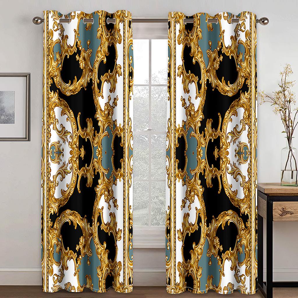 3D Print Modern Luxury Brand Design Black and Gold Pattern Thin Shading Polyester Curtain for Living Room Bedroom Decor Hooks