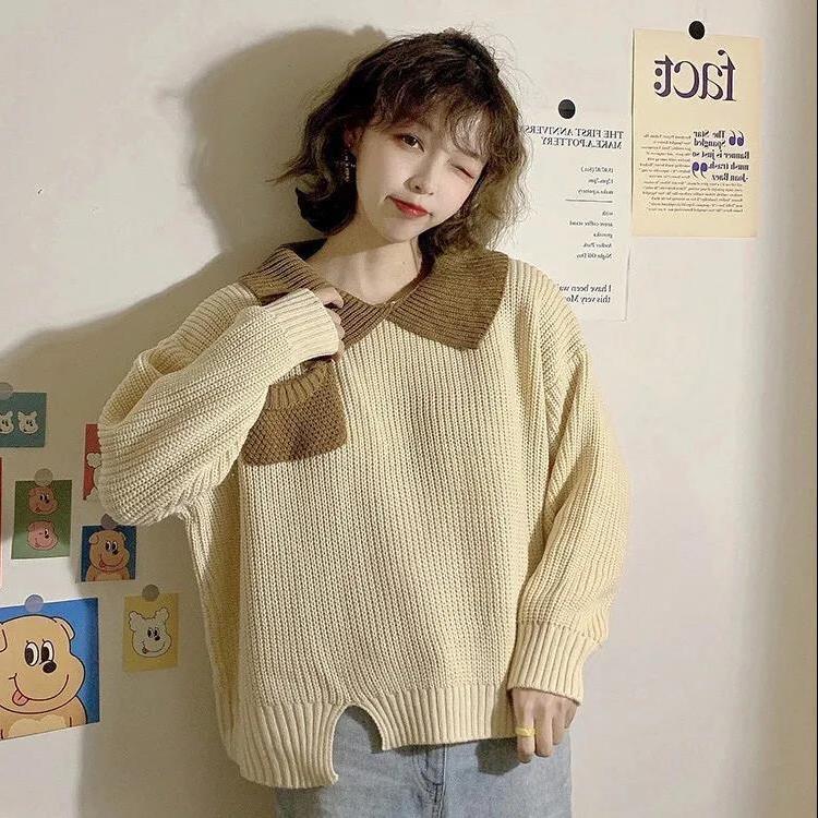 Dámský studentský trendy top v korejském stylu podzim zima barevný blok POLO límec volný ležérní styl svetr s dlouhým rukávem