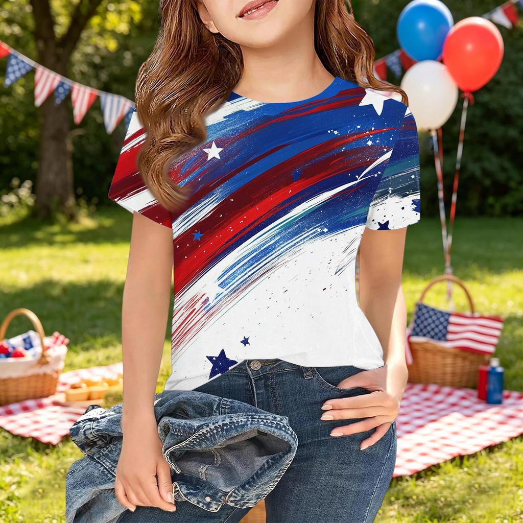 Girls Short Sleeve T Shirt Independence Day Printed Tee Top Casual Comfortable Fit Kids Summer Shirt
