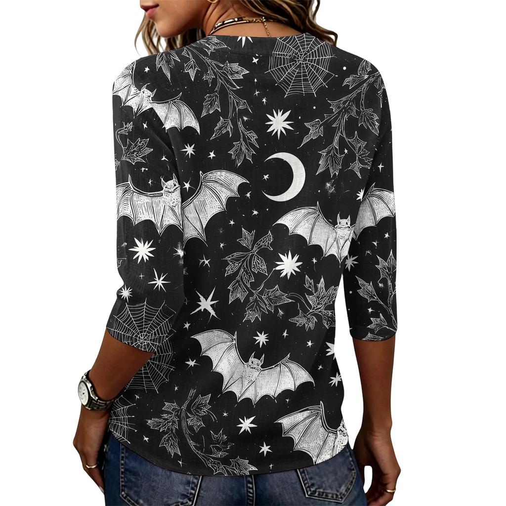 Loose Fit Womens Casual Short Sleeve Top Round Neck Lightweight Comfortable Pullover Shirt with Halloween Themed Print
