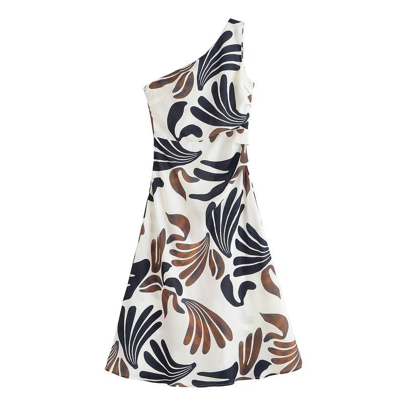 Kaslead New Women Clothes Western Style Fashion Simple Slimming Sloping Shoulder Leaves Print Dress