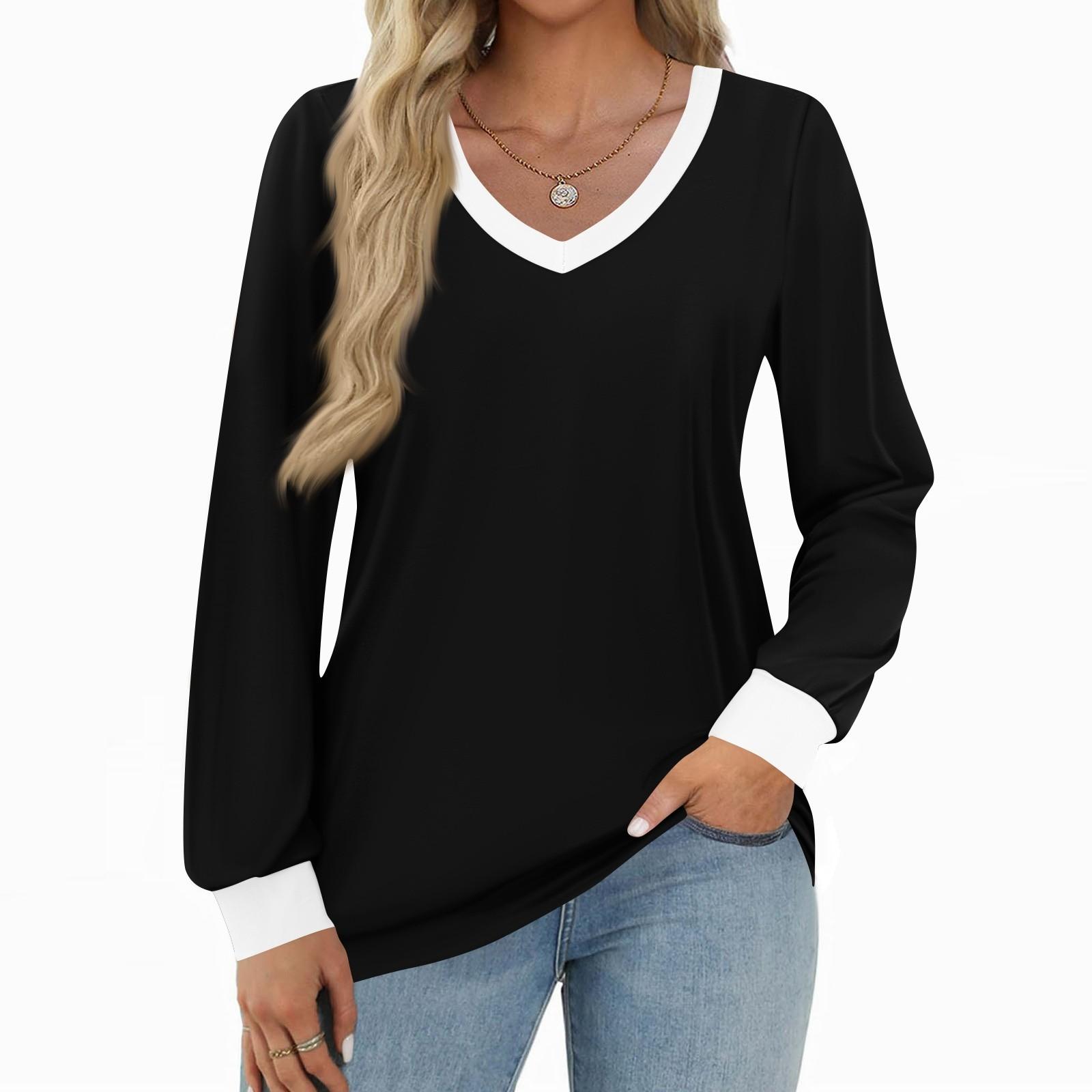 

Women s Fashion Casual Long Sleeve Color Block Shirt Women s V-Neck Tops L чорний