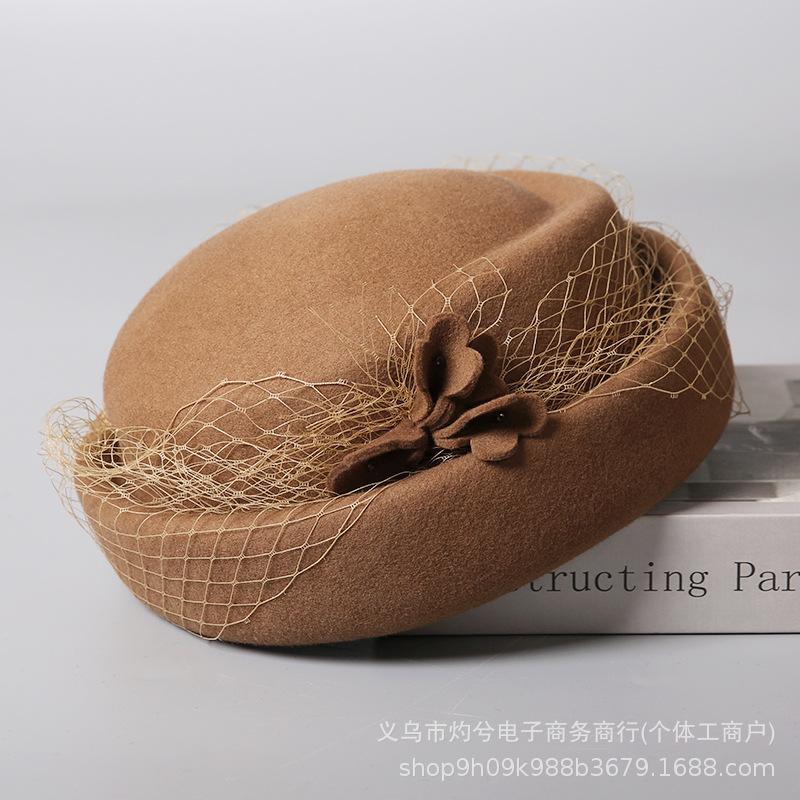 British retro three-dimensional flower beret elegant mesh painter hat women's autumn and winter warm Australian wool felt hat