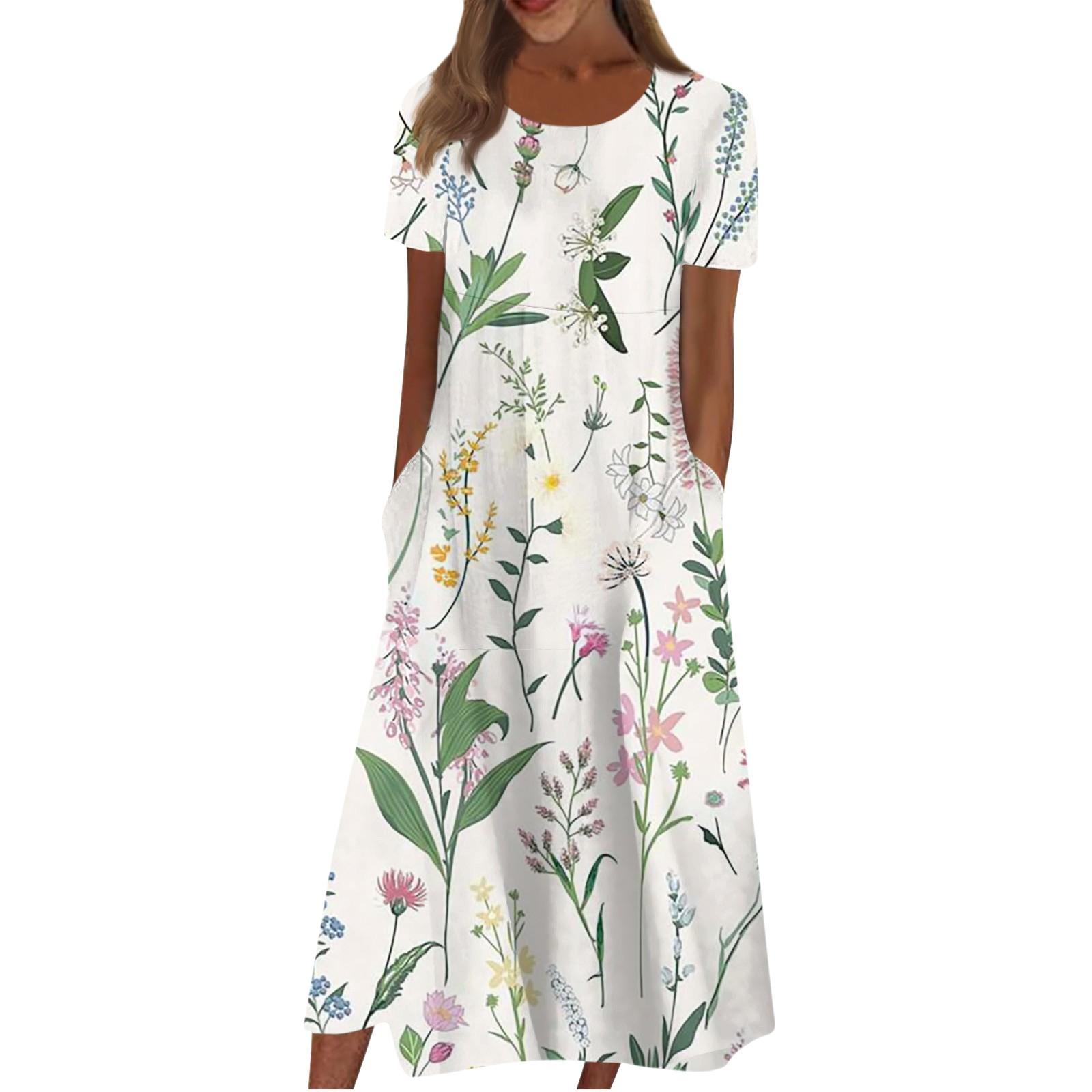 Womens Floral Print Dress Short Sleeve Round Neck Midi Dress with Invisible Back Zipper Casual Loose Fit Dress S зелёный