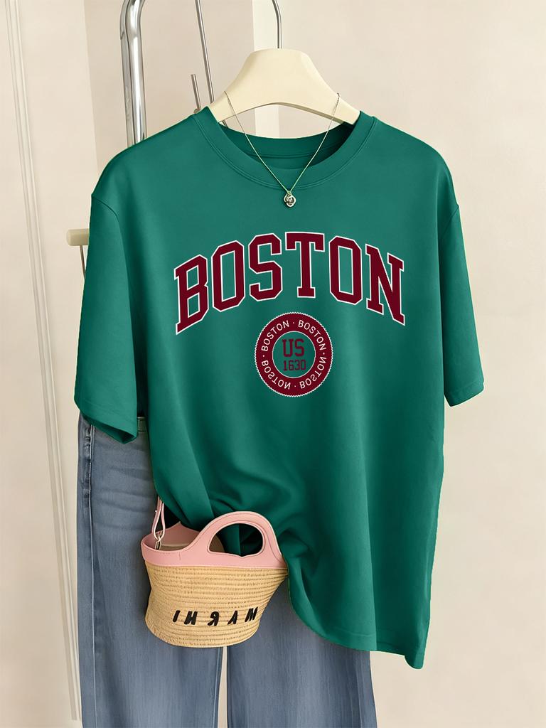 Boston City Us 1630 Letter Prints TShirts Womens Summer Basic T Shirts ONeck Soft Short Sleeve Tops Casual Loose Woman Clothes