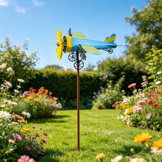 Avión de Hélice Molinillo de Viento Veleta de Metal Avión Vintage Escultura de Molino de Viento Cinético Decoración para Jardín Exterior Patio Césped