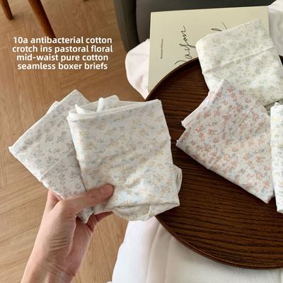 Women's Spring and Autumn Floral Pure Cotton 10A Antibacterial Comfort Hip Wrap Mid Waist Flat Angle Panties