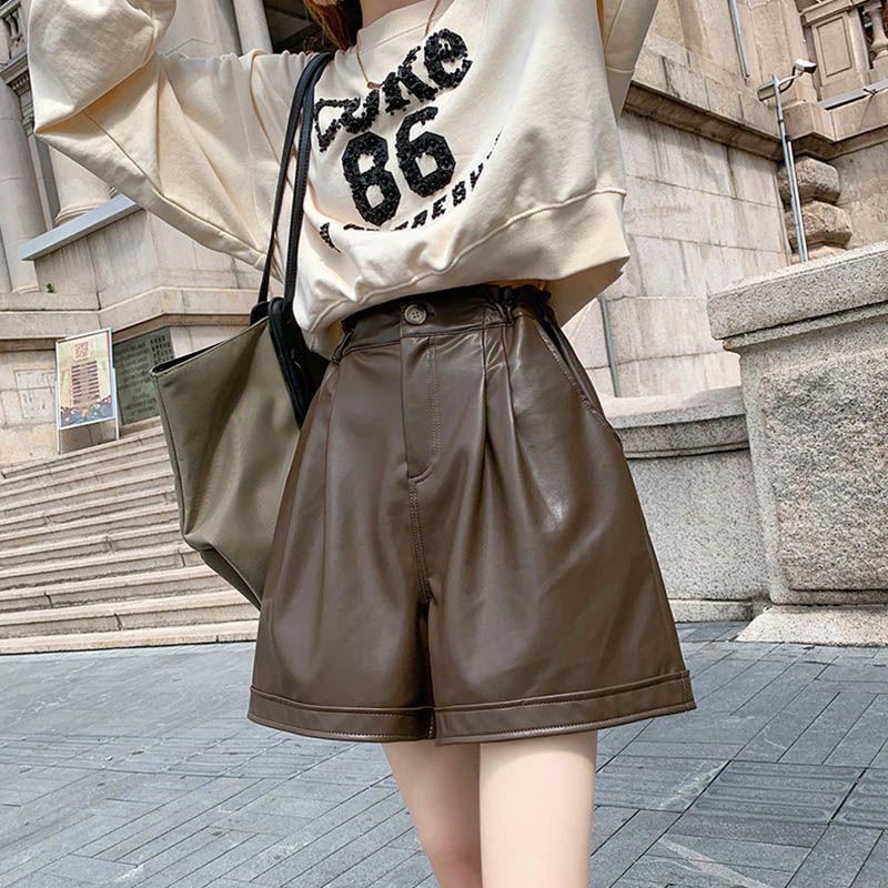 

Women s Coffee Leather High-Waisted A-Line Shorts, 2026 Slimming Wide-Leg PU for Covering Hips M (suggested for 95-110 jin) кофейный