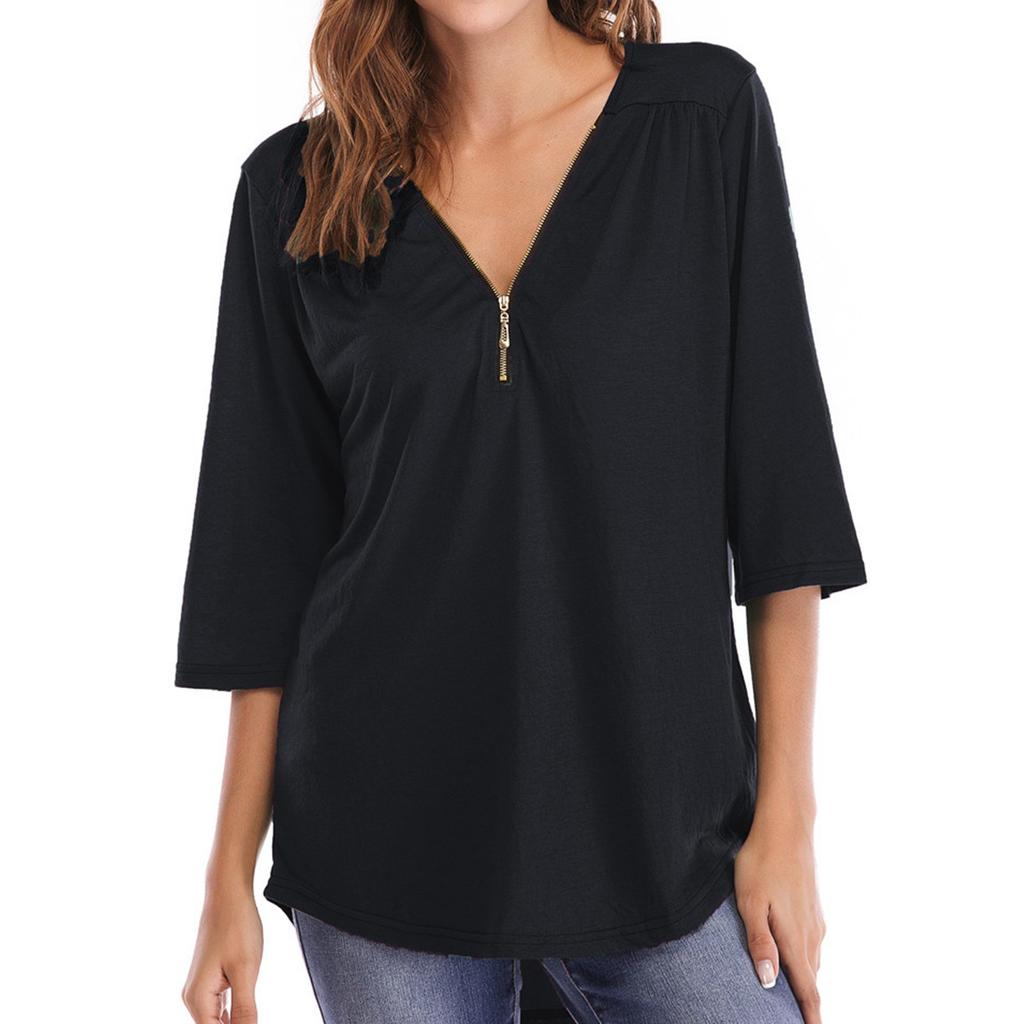 Ladies' Loose Comfortable Casual And Fashionable Pleated Zipper Loose Half Sleeved T-shirt Top