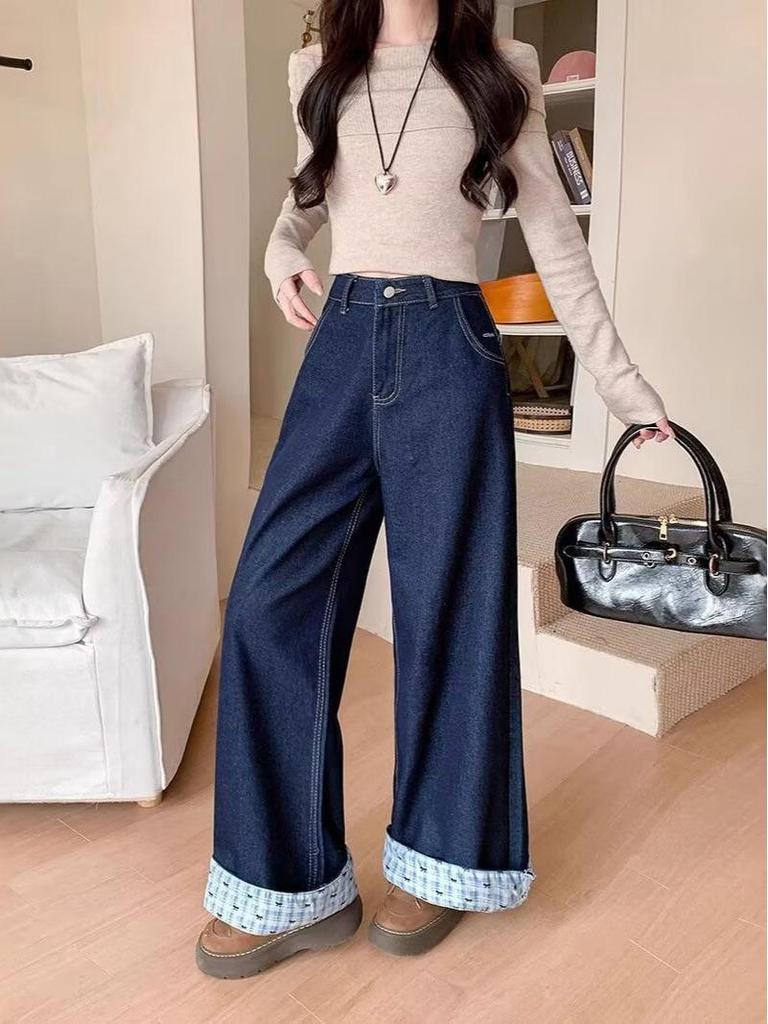 Retro Plaid High-Waisted Wide-Leg Bow Patchwork Jeans for Women