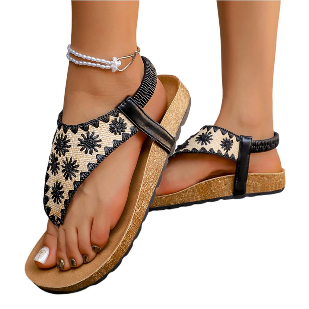 Women's Retro Platform Wedge Flip Flop Sandals Summer Casual Slip On Open Toe Beach Shoes with Embroidered Upper and Cushioned Footbed