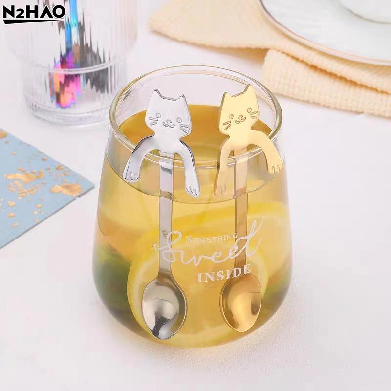 Aço Inoxidável Gato Fofo Colheres Penduradas Borda Lisa Design Adorável Adequado Para Café Chá Sobremesa Uso Doméstico