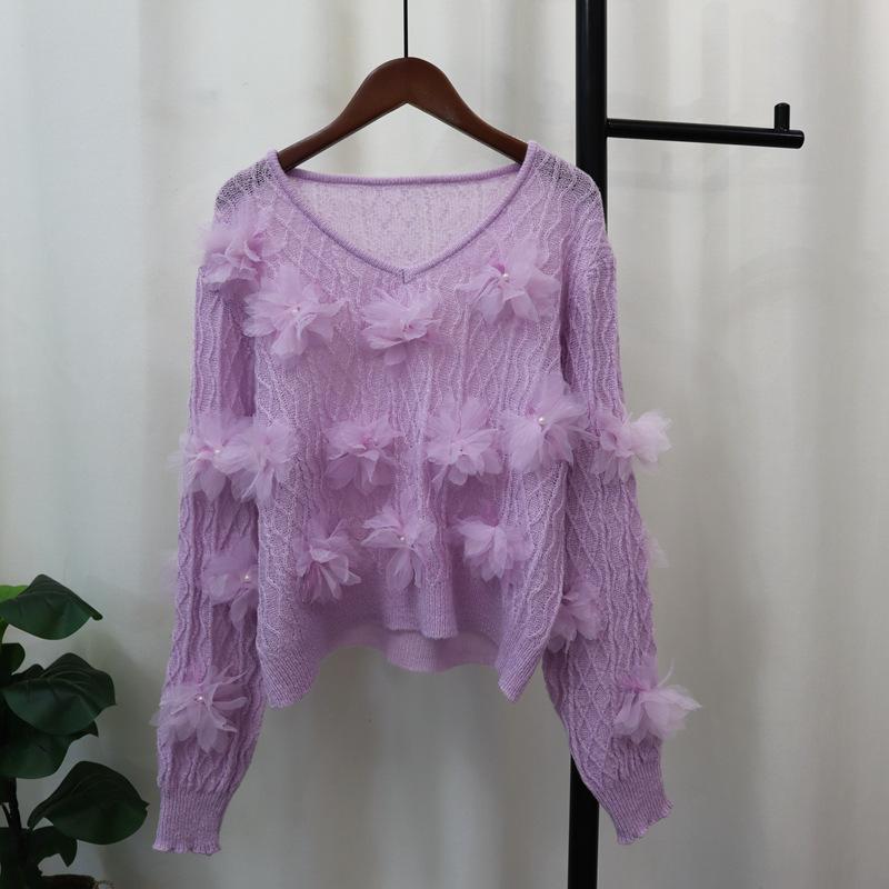 

Тяжелая промышленность Бисер Трехмерный цветок Вязаный свитер Топ Осень Новый Свободный Сладкий Свитер Пуловер Женский one size fits all фиолетовый