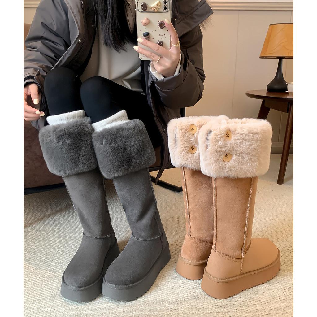 Gray Knee-length Snow Boots for Women, Winter Two Wear Fluffy Plush Thermal Cotton Shoes, Platform Boots