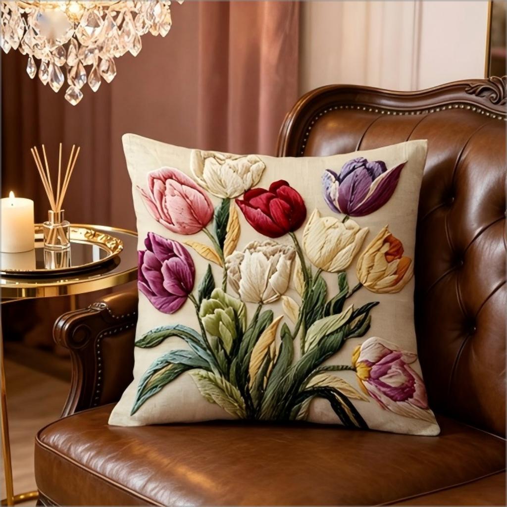 Federa per Cuscino Decorativo Stampa Floreale Tulipano Effetto 2D, Stile Ricamo Finto, per Soggiorno Camera da Letto Divano
