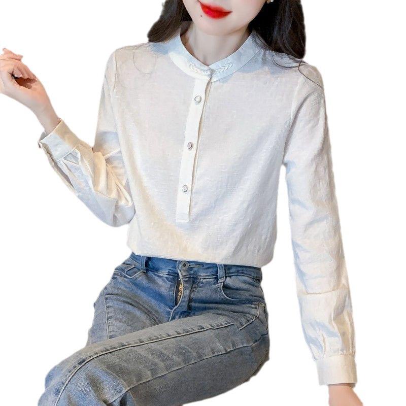 2024 Women's Retro Jacquard Cotton Pullover: Long Sleeve Stand-up Collar Shirt for Spring and Autumn