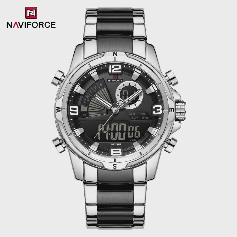 Mens Multifunctional Double-Display Watches Date Stainless Steel Watchband LED Luminous Mode Waterproof Wrist Watch