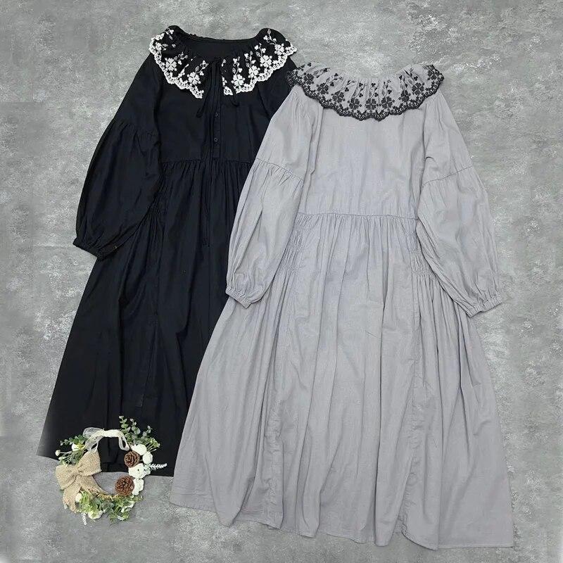 Johnature Vestidos Femininos Vintage Primavera Gola Babados Bordado Solto Cintura Elástica Cor Sólida Casual Vestidos Femininos