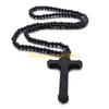 F26C Catholic for Cross Necklace with Wooden Beads Rosary Religious Wear Jesus Carved Crucifix Pendant Chain Christian Prayer