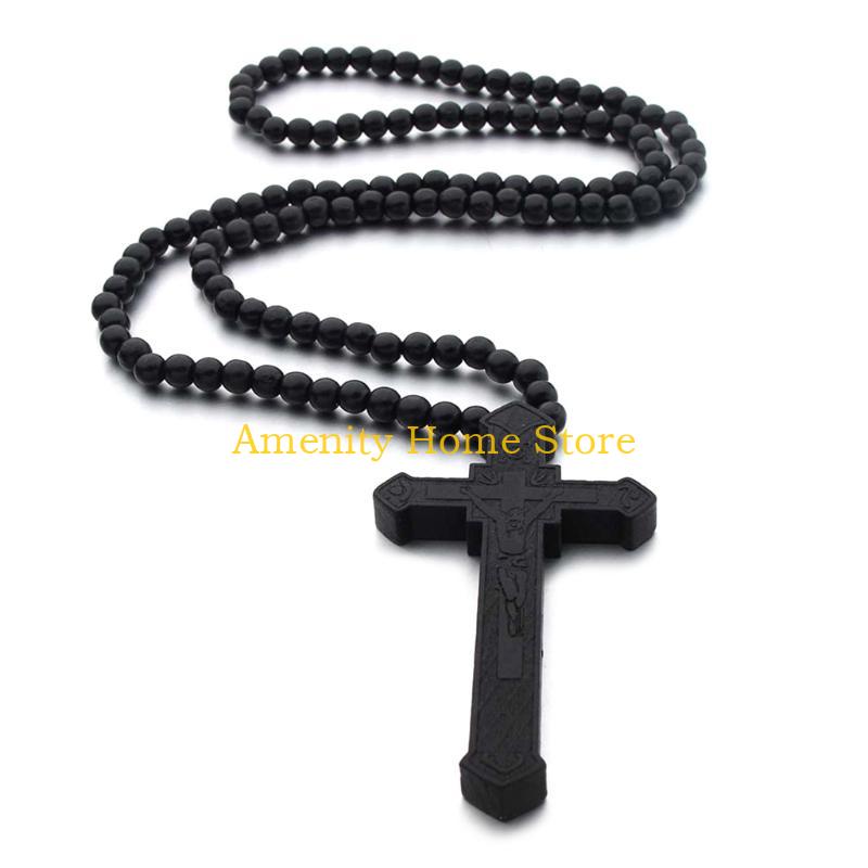 F26C Catholic for Cross Necklace with Wooden Beads Rosary Religious Wear Jesus Carved Crucifix Pendant Chain Christian Prayer