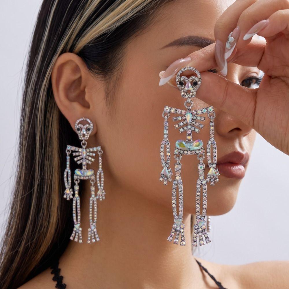 Zircon Pumpkin Ear Studs Rhinestone Long Tassel Drop Earrings Skeleton Dangle Earrings Party