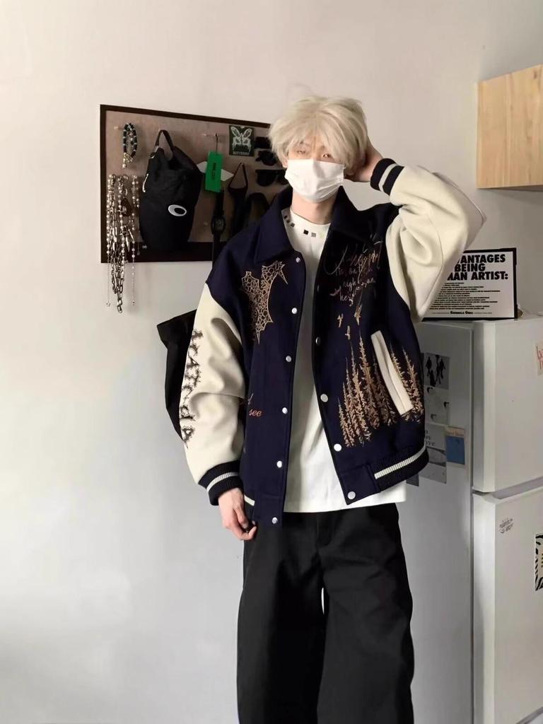 Guochao Men's Heavyweight Embroidered Baseball Jacket - Autumn/Winter Versatile High Street Outerwear