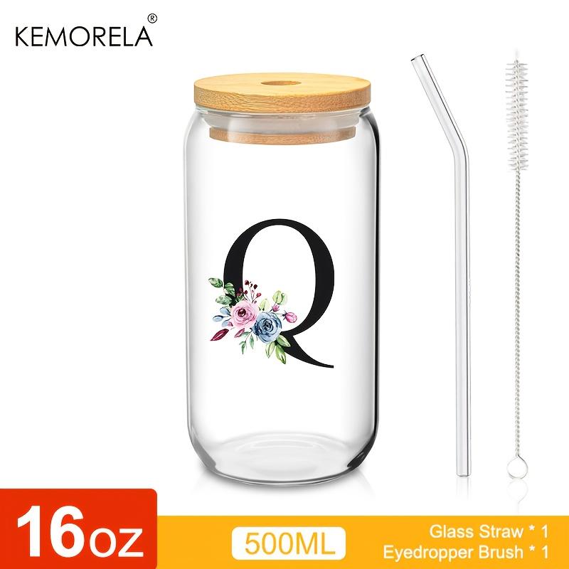 1 STÜCK 24 Buchstaben Glas Trinkbecher mit Bambusdeckel Strohhalm Individuelle Eiskaffeetasse 470ML Klares Mason Jar Bier Smoothie Cocktail