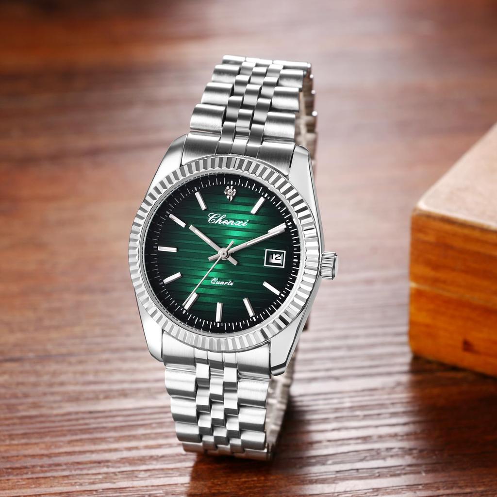 Ceas analogic argintiu cu oțel inoxidabil luminos 3ATM rezistent la apă cuarț și modă perfect pentru sau ca un cadou pentru el Afișaj oțel pentru bărbați, Calendar,