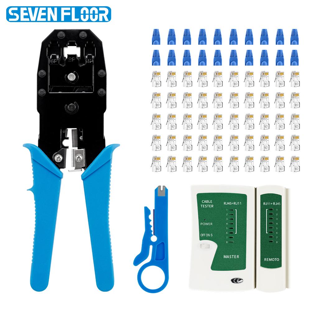 Multi-Functional 8P6P4P RJ45 Crimper LAN Cable Tester Mini Stripping Tool 50pcs Cat5 Modular Plugs 20pcs Boots