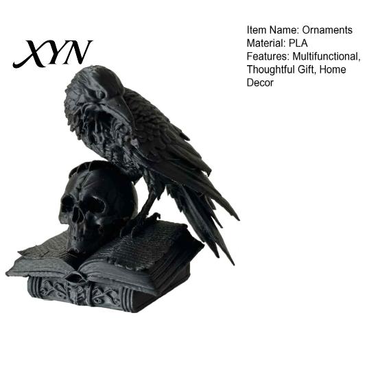 Forniture per Festa a Tema Mistero Statua Teschio Corvo Nero, Statuetta Corvo Gotico Stampata 3D per Scrivania Ornamento Desktop Estetica Oscura Scaffale, Spettrale