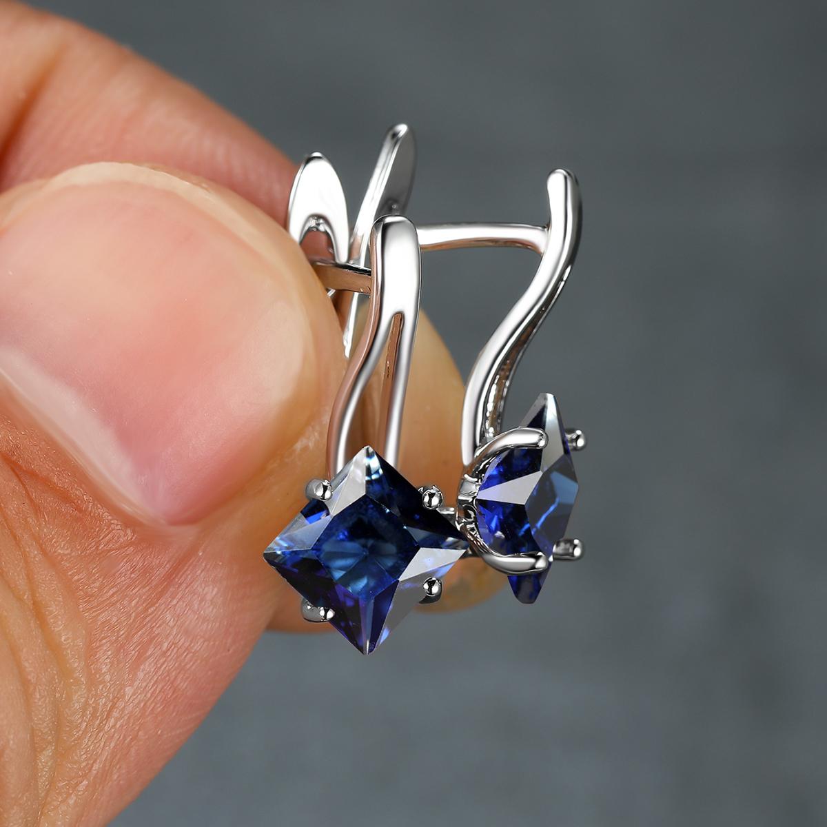 

1 пара серег-клипс серебряного цвета с огранкой принцессы, синих, зеленых, цвета морской волны, красного, фиолетового цвета, серьги-клипсы с камнем для невесты, принцессы, помолвки, висячие серьги синий