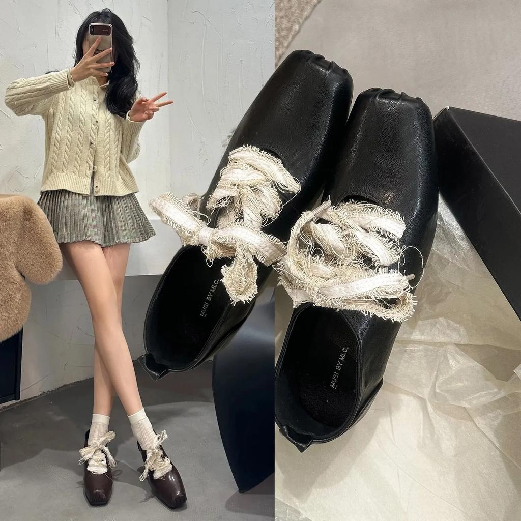 Fashion French Vintage Mary Jane Shoes Women's Spring 2025 Fashion Large Size British Style Square Head Knot Tied Single Shoes