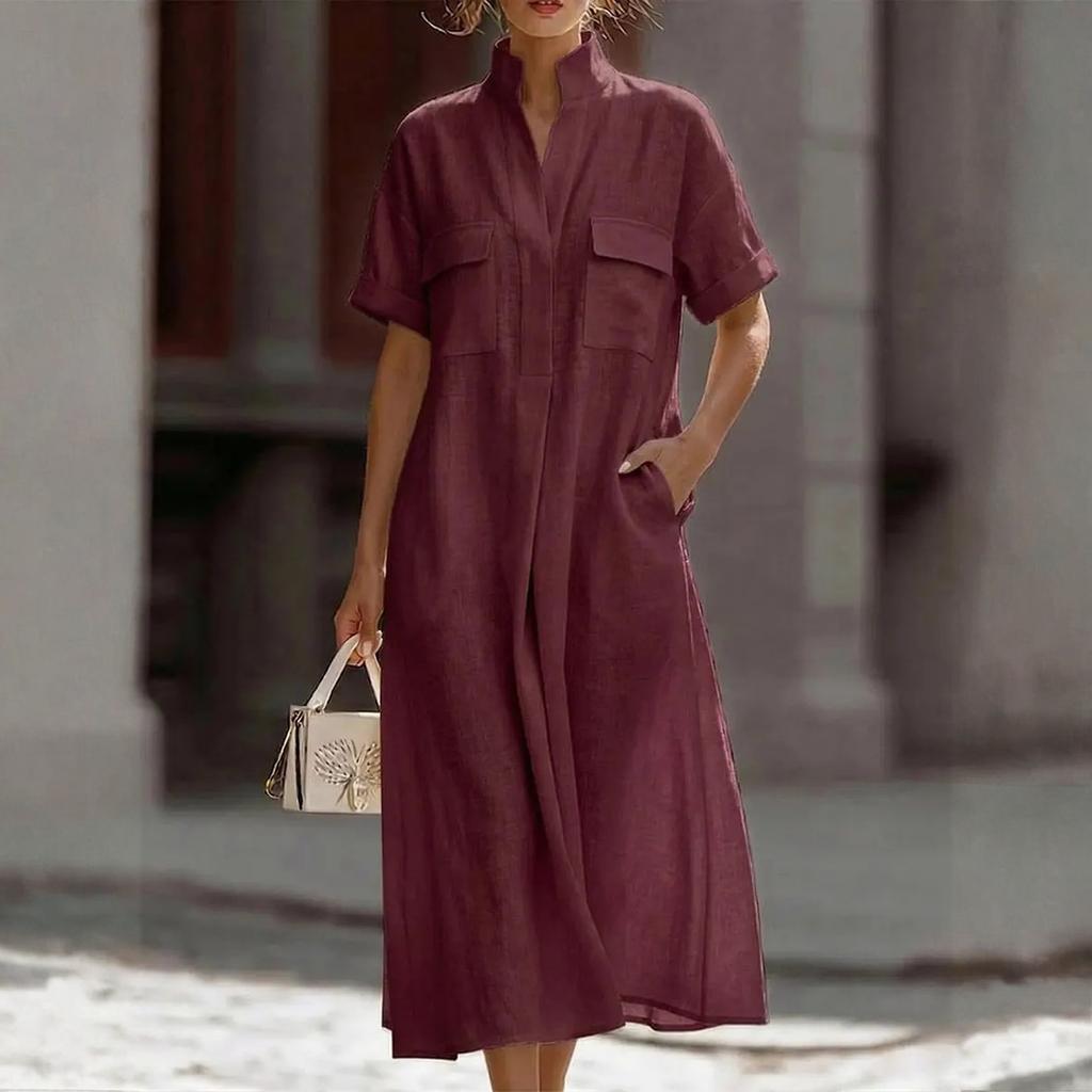 Women's Casual Short-Sleeved Multi-Colored Pocket Loose Casual Dress