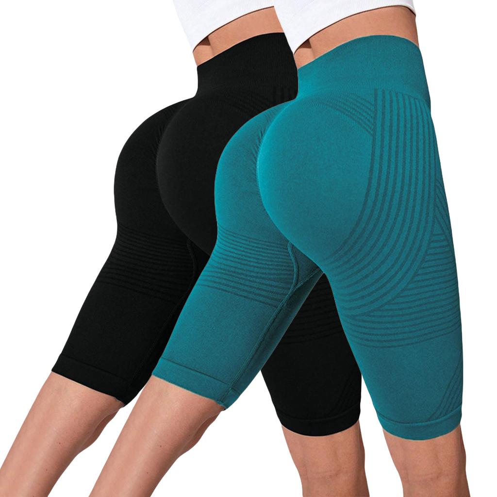 High Waist Seamless Yoga Shorts for Women with Ribbed Design Stretchy Compression Fit Capris Length