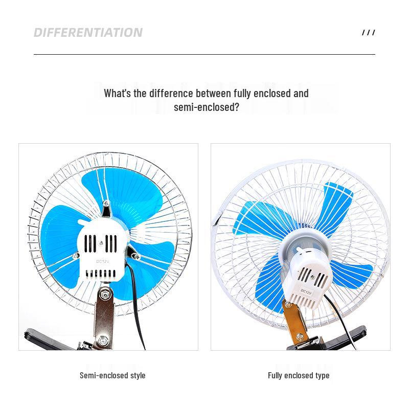 6-12 Inch Oscillating Car Fan with Clip, 12V/24V for Trucks and Cars