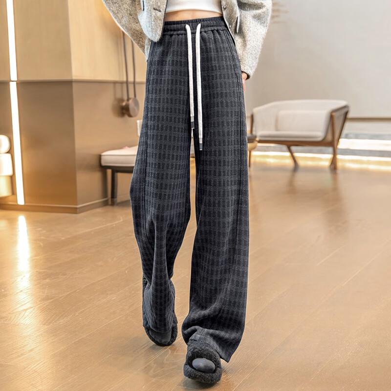 Women's High-Waist Drawstring Plaid Wide-Leg Pants