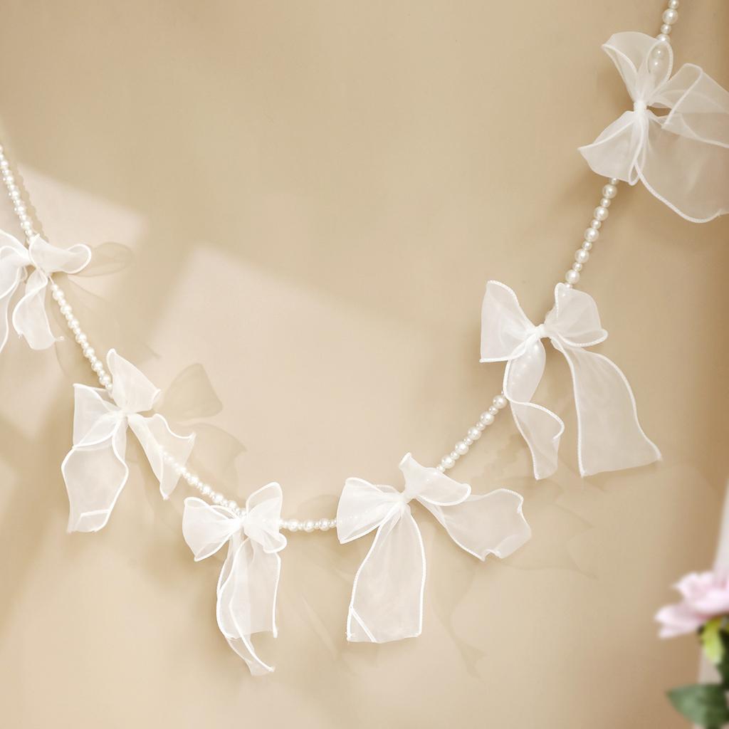 Elegant White Organza Ribbon and Pearl Garland, Wedding Party Decor, Bridal Shower Hanging Garland with Bows, Home Decor Banner