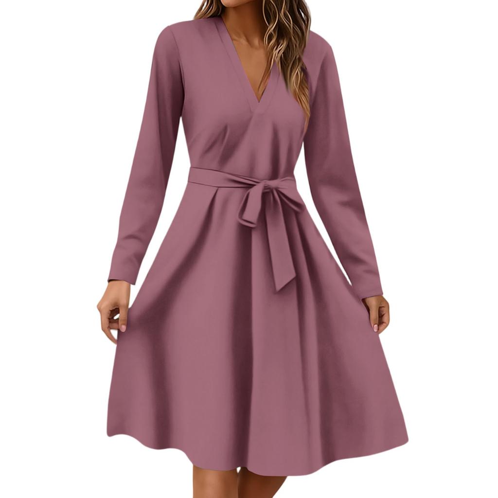 Women's Fashion Casual V-Neck Long Sleeve Waist Floral Print Midi Dress