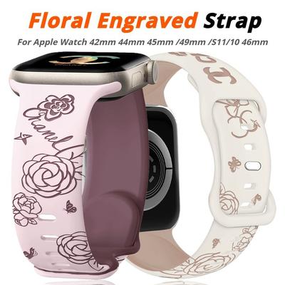 Floral Engraved Strap For Apple Watch Band Ultra 49mm 46mm 42mm 45mm 44mm 41mm 40mm Silicone Sports Bracelets for iWatch Series 11 10 9 8 7 6 5 SE3