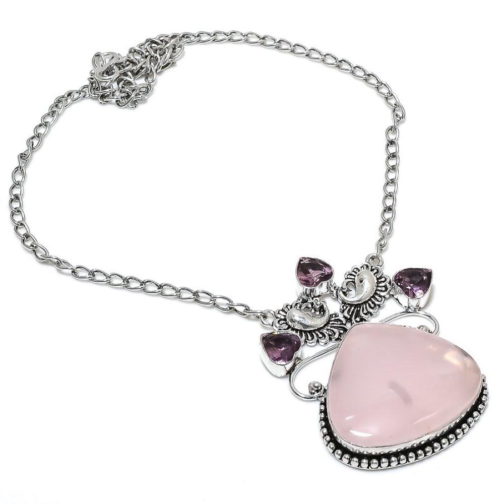 Natural Rose Quartz, Amethyst Gemstone 925 Sterling Silver Necklace 18" E3r52
