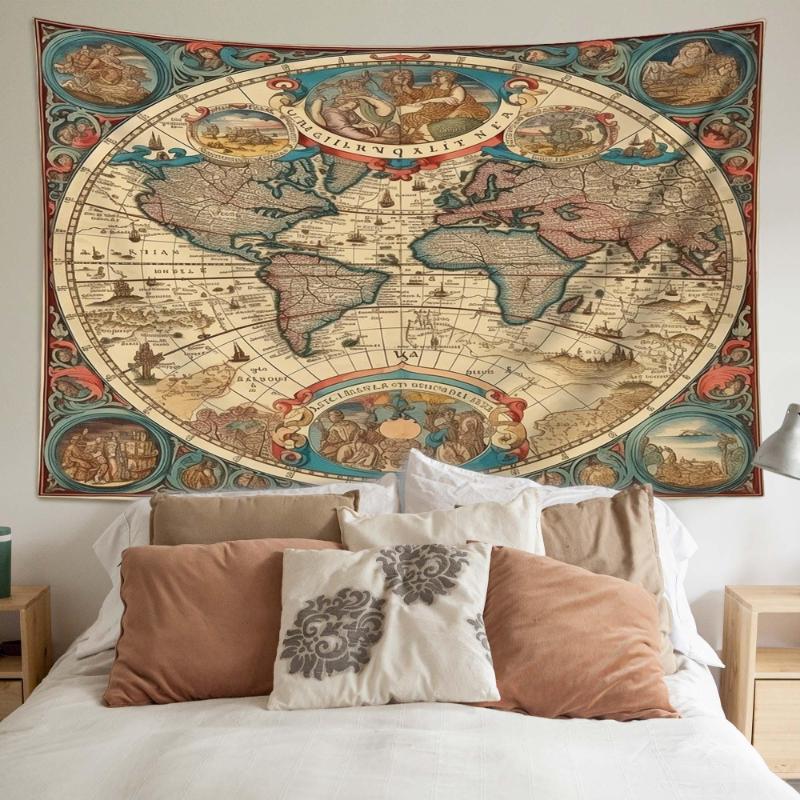 Old Nautical World Map Tapestry Polyester Compass Print Wall Art Retro Tapestries for Living Room Home Decoration 100X70CM